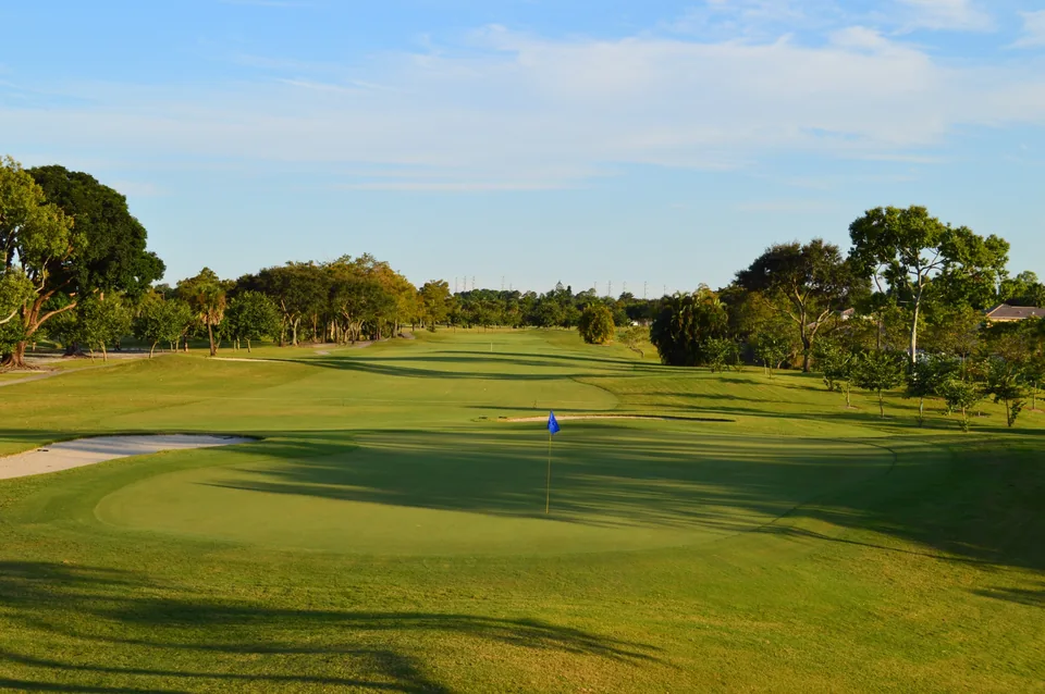A view back down the 18th hole at Village Golf Club.