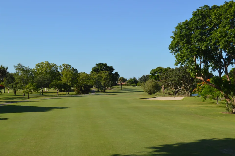 A tree-lined view of the third hole at Village Golf Club