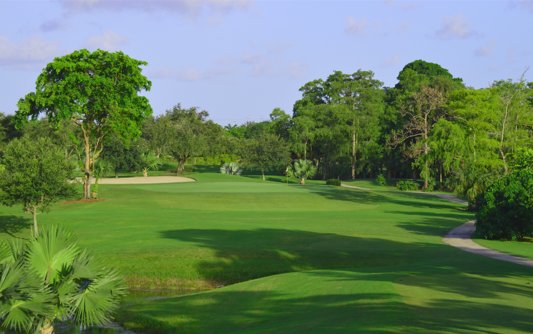 Village Golf Club's eighth hole, with its fairway, bunker and cart path